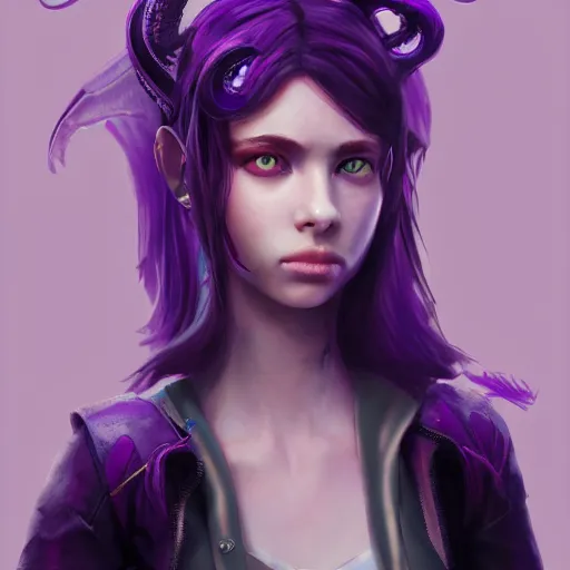 Image similar to artstation young teen with purple eyes and very thin purple tentacles on her head, furious, very detailed, portrait, high contrast, unreal engine 5