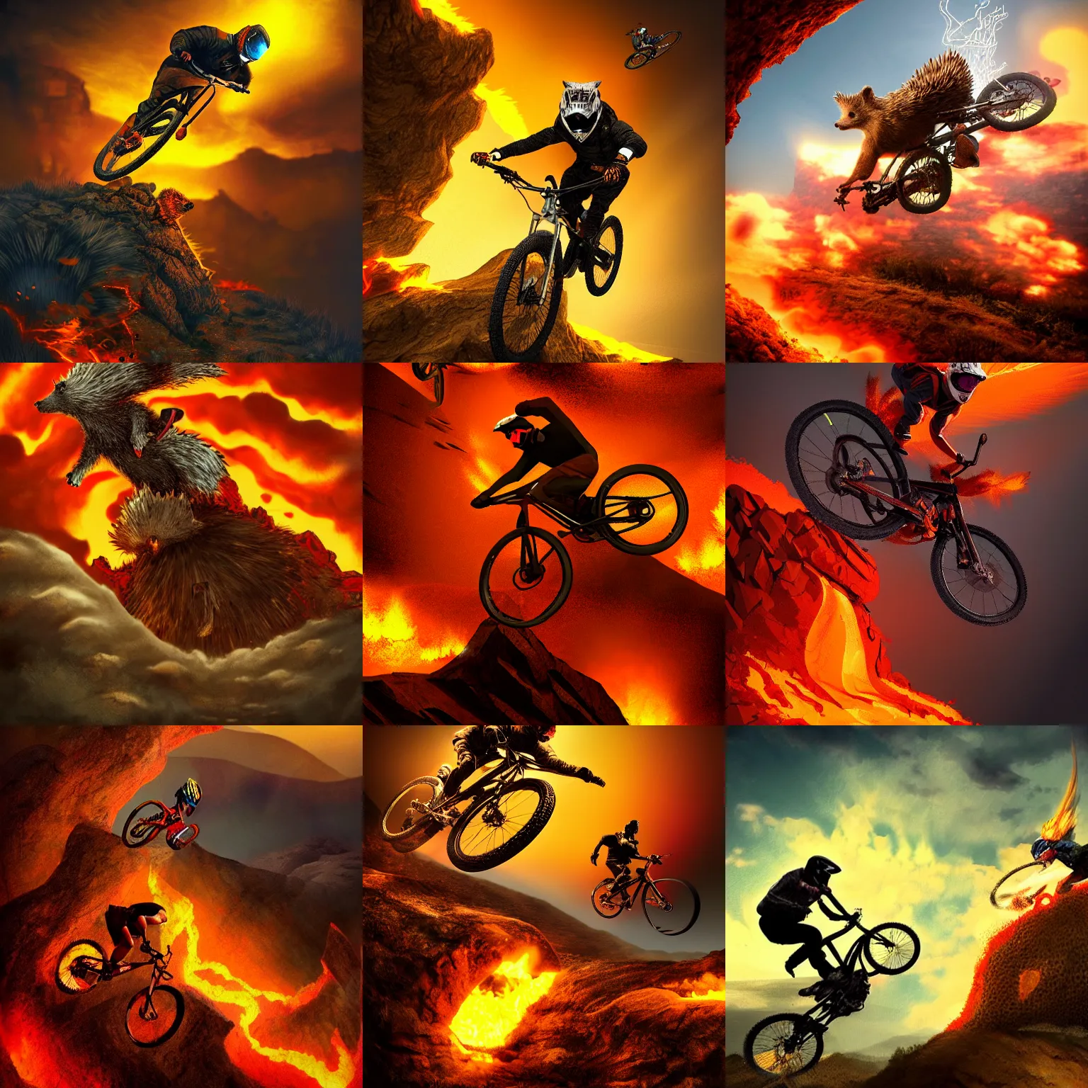 Prompt: mountain biker flying over hedgehog, falling into the fiery depths of hell, dramatic lighting, intricate, digital art, trending on artstation