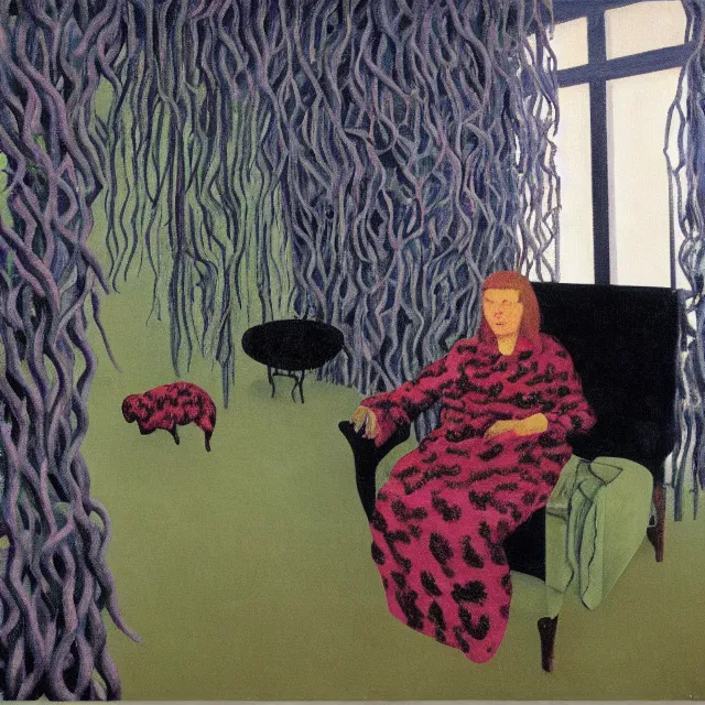 Image similar to a pathology student in her apartment, wrapped in vines, large stones, pig, black walls, black armchair, puddles, moss, acrylic on canvas, surrealist, by magritte and monet