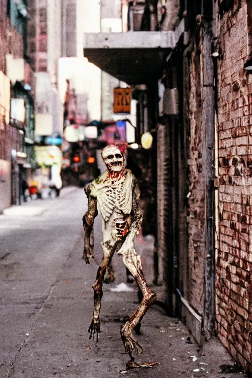 Prompt: 35mm photo of a fungus zombie in a nyc alley