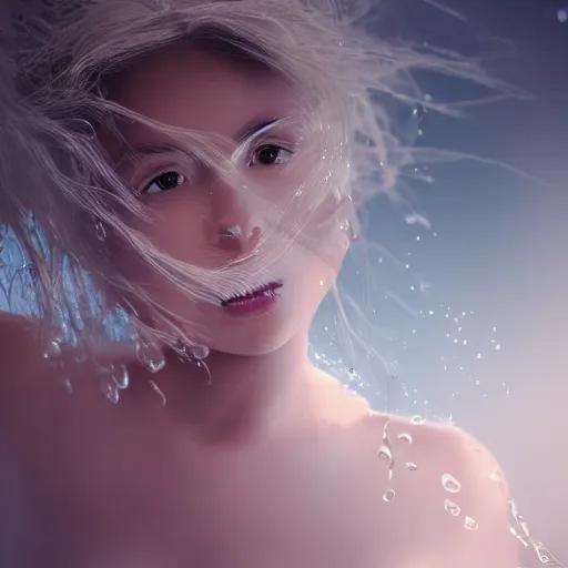 Image similar to epic portrait of a girl floating in water with only her face and some hair visible, surrounded by loose petals, beautiful, unreal engine, high detail