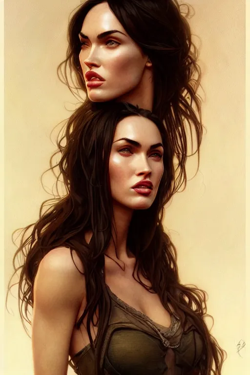 Prompt: portrait of megan fox kissing other woman, intricate, headshot, highly detailed, digital painting, artstation, concept art, sharp focus, cinematic lighting, illustration, art by artgerm and greg rutkowski, alphonse mucha, cgsociety