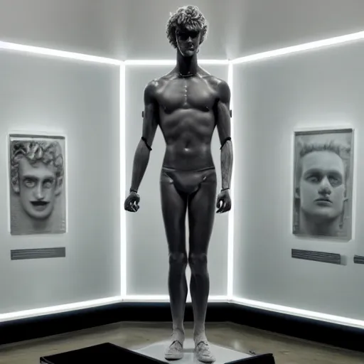 Image similar to a realistic detailed photo of a guy who is an attractive humanoid who is half robot and half humanoid, who is a male android, boxer and youtuber logan paul, shiny skin, posing like a statue, blank stare, at the museum, on display