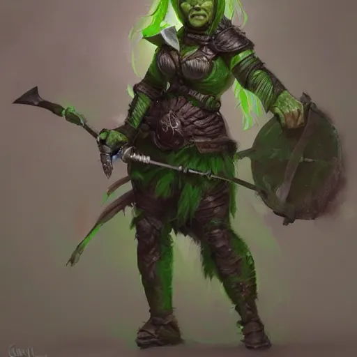 Image similar to a full bodied character portrait of a green orc warrior woman in full plate armor bald with a ponytail, by greg rutkowski, wlop, astri lohne, wei wang, trending on artstation