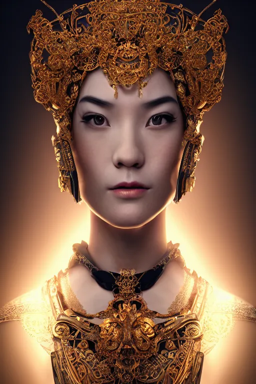 Prompt: a beautiful empress portrait, with a brilliant, impossible striking big technology headpiece, female robot, symmetrical, dramatic studio lighting, rococo, baroque, jewels, asian, hyperrealism, closeup, D&D, fantasy, intricate, elegant, highly detailed, digital painting, artstation, octane render, 8k, concept art, matte, sharp focus, illustration, art by Artgerm and Greg Rutkowski and Alphonse Mucha