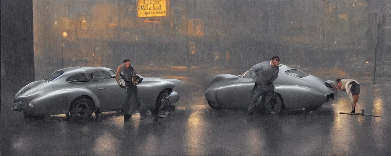 Image similar to Mysterious figure swings a heavy sledgehammer at a silver Porsche 550 with its headlights on, parked on the side of the road in the city of Cologne in the rain, by George Tooker, moody, ominous, lighting, hyper-realistic.