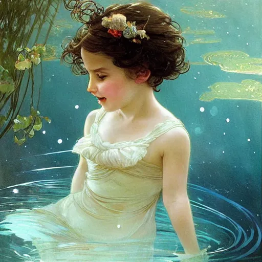 Prompt: a cute little girl with a round cherubic face, blue eyes, and short curly light brown hair laughs as she floats underwater with stars all around her. She is wearing a party dress. Beautiful painting by Artgerm and Greg Rutkowski and Alphonse Mucha