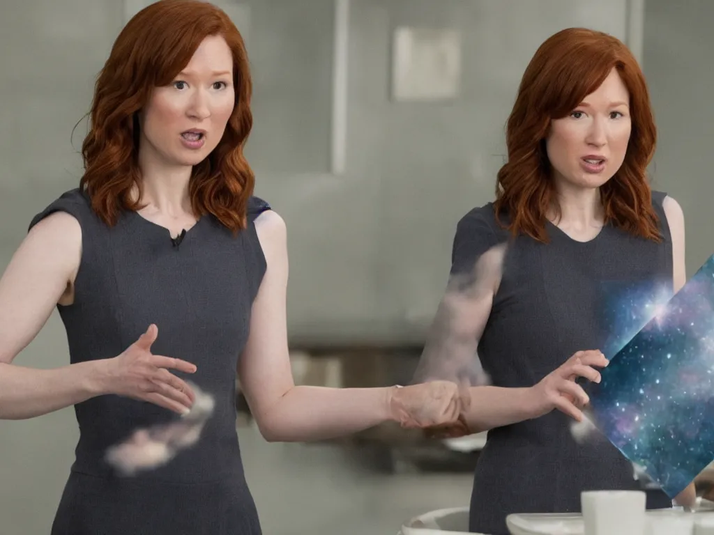 Image similar to realistic tabloid photo of Ellie Kemper trying to explain she's not Nebula