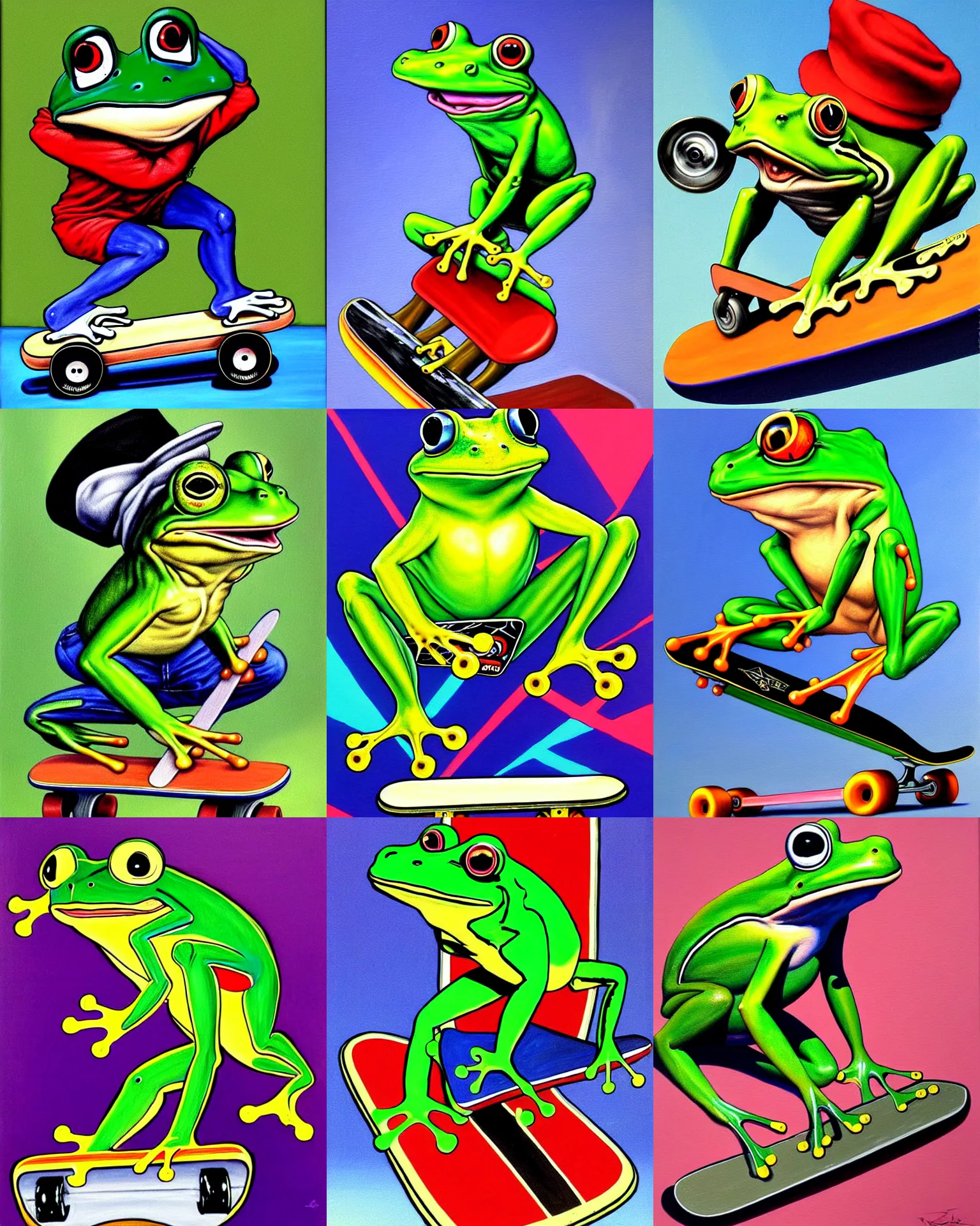 Prompt: painting 1990s Frog doing tricks on skateboard Old school rap, big cap, artgerm Edward Robert Hughes, Henry Justice Ford