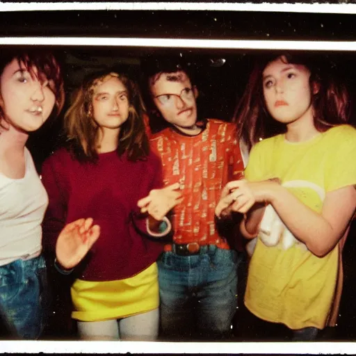 Prompt: A group of outcasts having a moment of nostalgia in their cramped basement, 90s Film Photo, Polaroid, Flash Photography, 40mm lens, Award Winning, 8k Film Scan