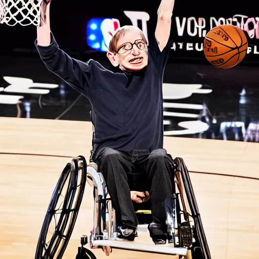 Prompt: photograph of stephen hawking flying through the air on flying wheelchair, dunking, side view, highlights of the 2 0 1 9 nba slam dunking contest