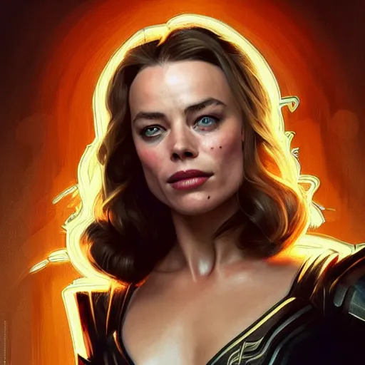 Image similar to Rachel McAdams' face combined with Margot Robbie's face with black hair wearing Power Armor, western, D&D, fantasy, intricate, elegant, highly detailed, digital painting, artstation, concept art, matte, sharp focus, illustration, art by Artgerm and Greg Rutkowski and Alphonse Mucha