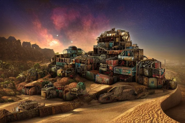 Image similar to favela coaster cathedral bunker, desert environment, industrial factory, cliffs, bright, milky way, award winning art, epic dreamlike fantasy landscape, ultra realistic,