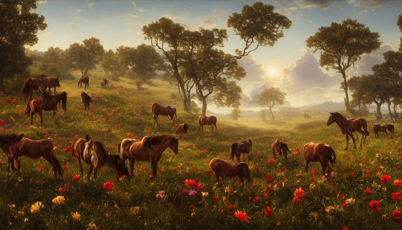 Prompt: An epic fantastic realism comic book style painting of the most beautiful flowers covering a herd of wild horses, fisheye lens, painted by the Hudson River school, unreal 5, DAZ, hyperrealistic, octane render, dynamic lighting