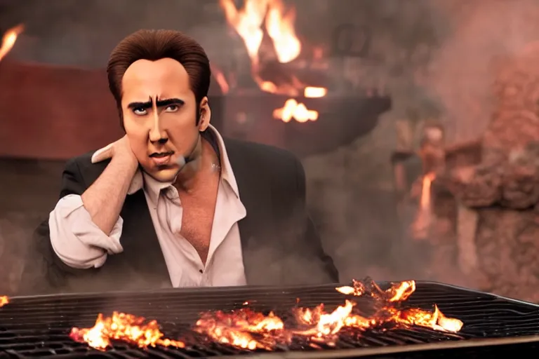 Image similar to Nicolas cage in barbie grilling high resolution still film