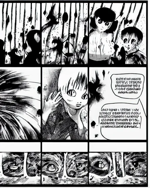 Image similar to three panels from junji ito's 'there are a lot of black cats here', full width, action shot, first person, manga