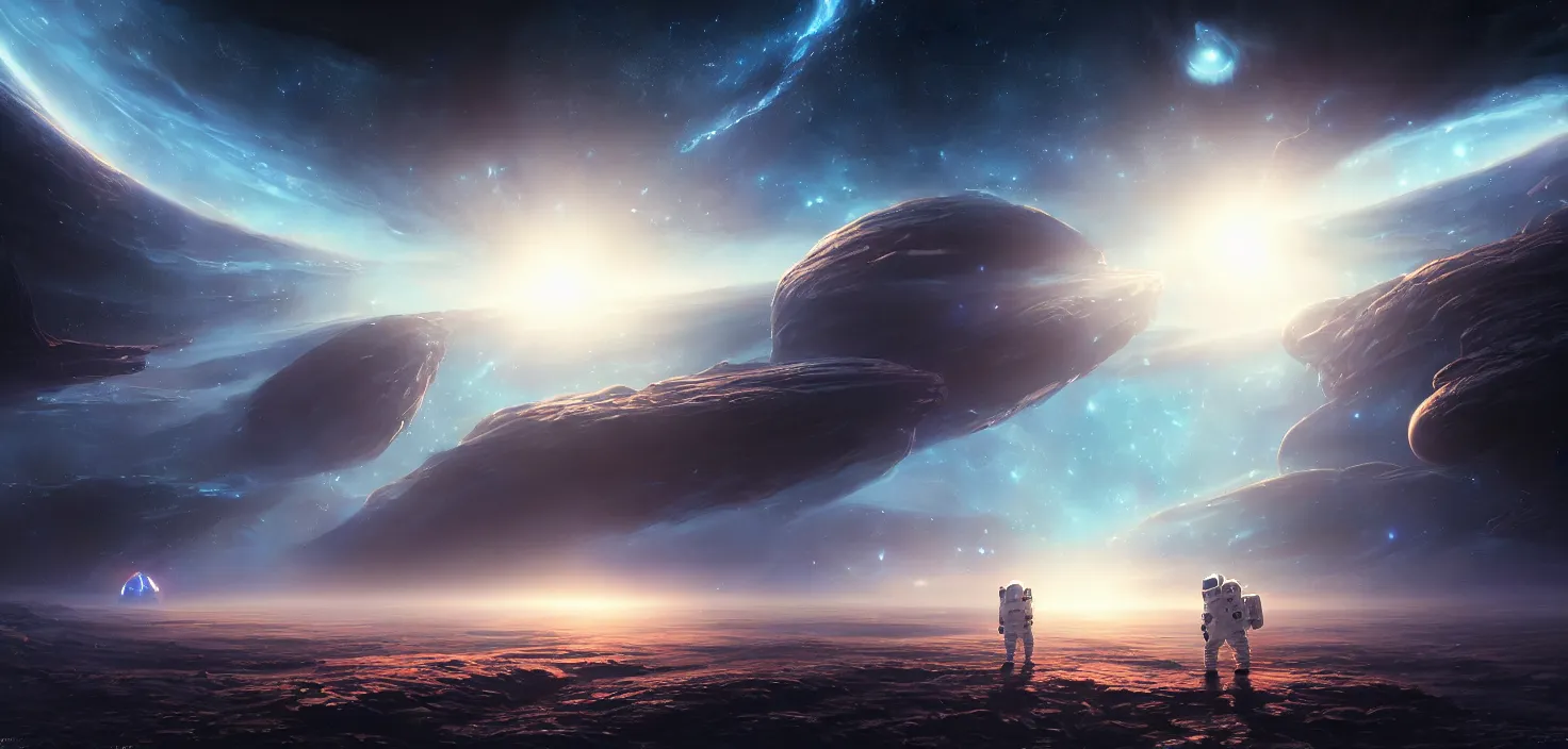 Image similar to astronaut cosmonaut discovery of new worlds of galaxies panorama, fantasy portal to far universe. astronaut space exploration, gateway to another universe, cinematic view, epic sky, detailed, concept art, low angle, high detail, warm lighting, volumetric, godrays, vivid, beautiful, trending on artstation, by jordan grimmer, huge scene, art greg rutkowski