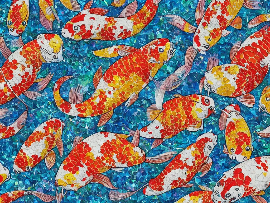 Image similar to breathtaking detailed concept art painting kaleidoscope of koi carp collage illustration pattern, 1 5 0 mm, tiny, small, miniature, short, cute and adorable, digital painting, highly detailed, intricate, elegant, artstation, concept art, colorful, beautiful, studio ghibli, aoshima chiho, takashi murakami, manga, cute and adorable