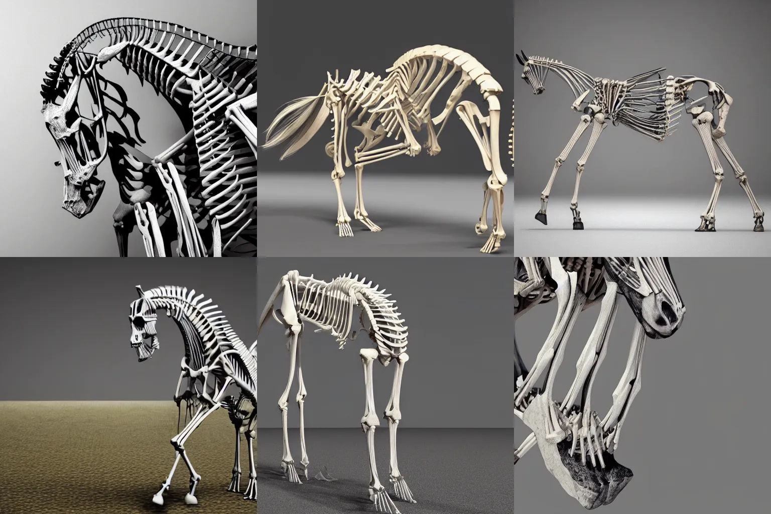 Prompt: 3d render of a horse skeleton, detailed, 4k, ultra realistic, HDR