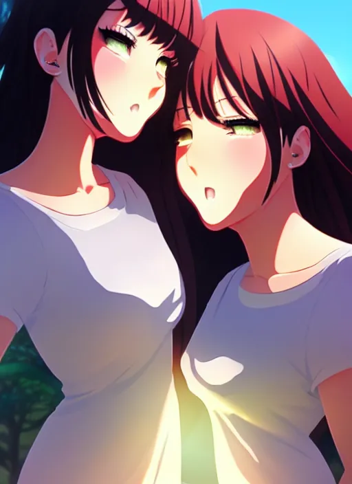 Image similar to two beautiful mothers out on a humid summer day, gorgeous faces, thick lines, cinematic lighting, detailed anime art