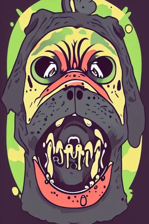 Prompt: Evil pug, sticker, blood thirsty, blood, evil, colorful, illustration, highly detailed, simple, smooth and clean vector curves, no jagged lines, vector art, smooth