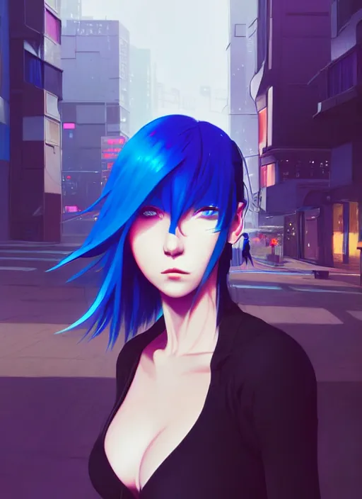 Image similar to hyper realistic photograph portrait of cyberpunk pretty girl with blue hair, wearing a tight black dress, in city street at night, by makoto shinkai, ilya kuvshinov, lois van baarle, rossdraws, basquiat