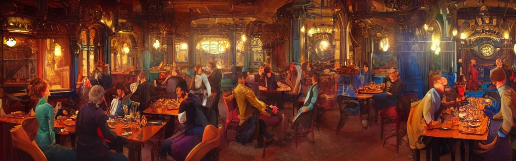 Prompt: people dining at a victorian restaurant, sci fi, vibrant colors, poster, intricate, highly detailed, digital painting, artstation, concept art, smooth, sharp focus, illustration, unreal engine 5, 8 k, art by artgerm and greg rutkowski and shinkiro