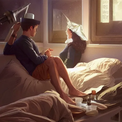 Image similar to young man in tinfoil hat and a girl sleeping in bed close to guinness bottles highly detailed, digital painting, artstation, concept art, smooth, sharp focus, illustration, art by artgerm and greg rutkowski and alphonse mucha