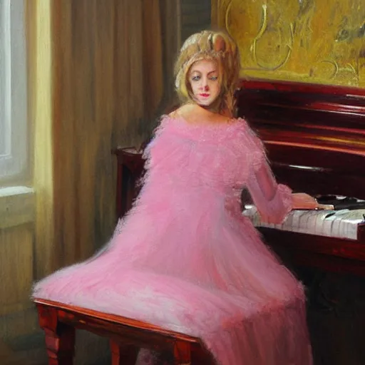 Prompt: highly detailed painting of russian girl with long blond hair playing a pink piano with a cup of tea, realistic, soft light, sharp focus