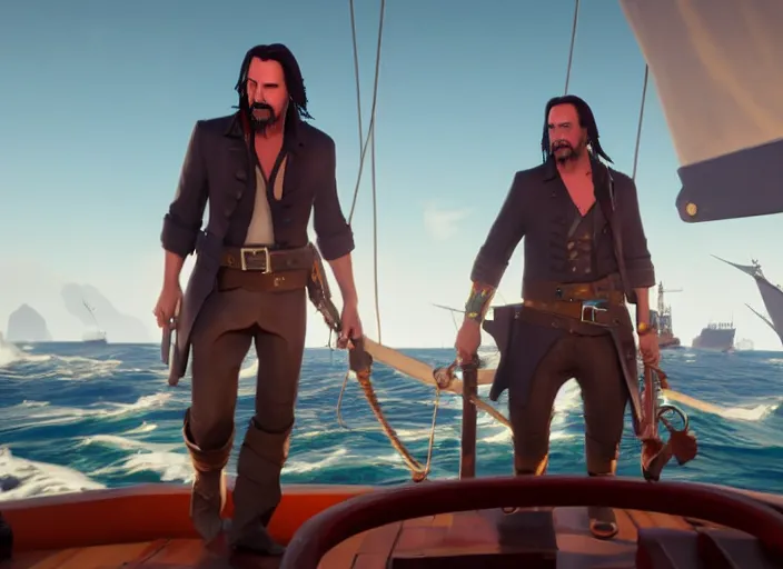 Image similar to Keanu reeves in the role of pirate in the Sea of Thieves, on the ship in the sea, At the helm, game screenshot, octave render, epic light