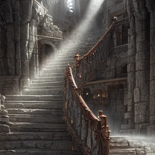 Image similar to a herd of goats! climbing stairs in a beautiful fantasy castle made from white stone and bright copper, medieval city, metropolis, magic, tall towers, sunlight, white marble, god rays, digital art, landscape, fantasy art, octane render, unreal engine, high detail, very realistic, by greg rutkowski. by james gurney