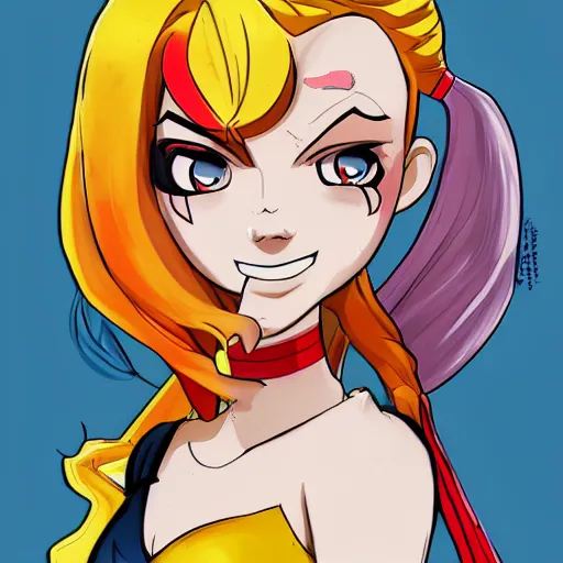 Prompt: cartoon female character inspired by harley quinn and star butterfly from star vs force the evil, artwork by studios ghibli and rossdraws, anatomically correct, smooth, highly detailed, sharped focus, symmetrical, perfect composition