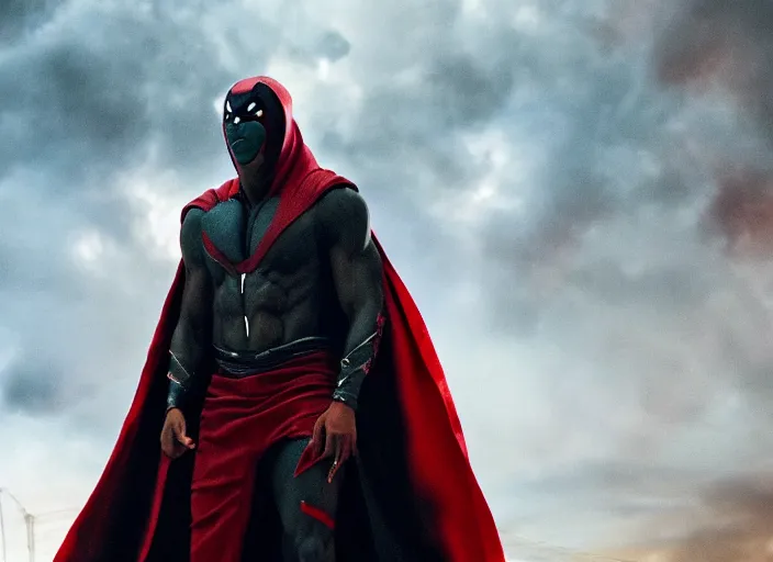 Image similar to film still of michael b jordan as spawn in the new spawn movie, giant chains, large cape, 8 k