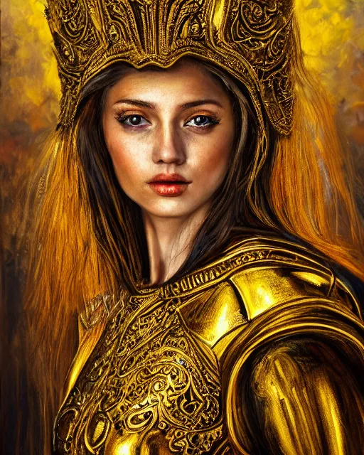 Image similar to acrylic painting portrait of woman in shining golden armor, high production value, intricate details, high resolution, hdr, high definition, masterpiece, realistic, ultrarealistic, highly detailed, hd, sharp focus, non blurry, sharp, smooth