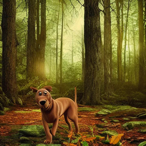 Image similar to realistic photograph of scooby doo walking in the forest, national geographic, 8 k, cinematic, nature