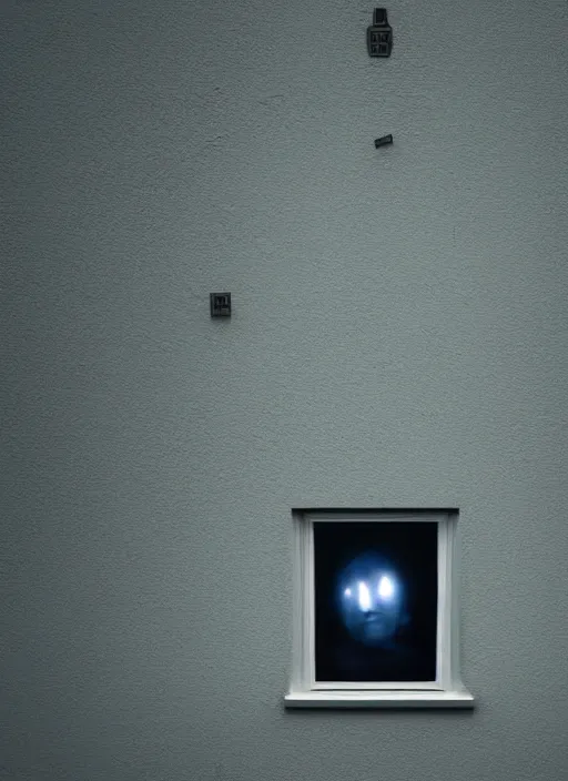 Image similar to dark photo of dark blue rainy bedroom window at night, dimly lit creepy face of elon musk staring in through the window, horror, scary face,