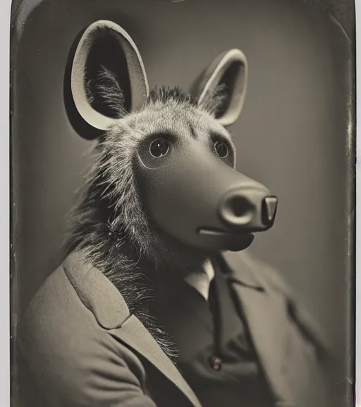 Image similar to professional studio photo portrait of anthro anthropomorphic spotted hyena head animal person fursona wearing clothes by Louis Daguerre daguerreotype