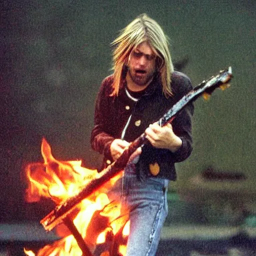 Prompt: photo of angry kurt cobain smashing a burning guitar on the ground