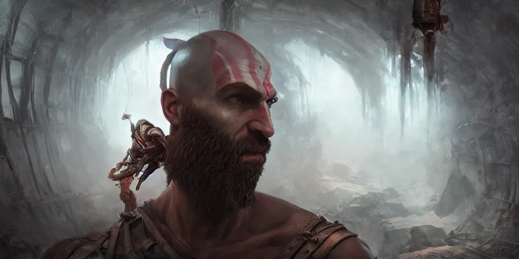 Image similar to hyperrealistic photorealist pose beautiful model god of war in a smoke tunnel, dramatic lighting, highly detailed, hyper detailed, 3 d render, hyper realistic detailed portrait, high face symmetry, peter mohrbacher, wlop, ruan jia