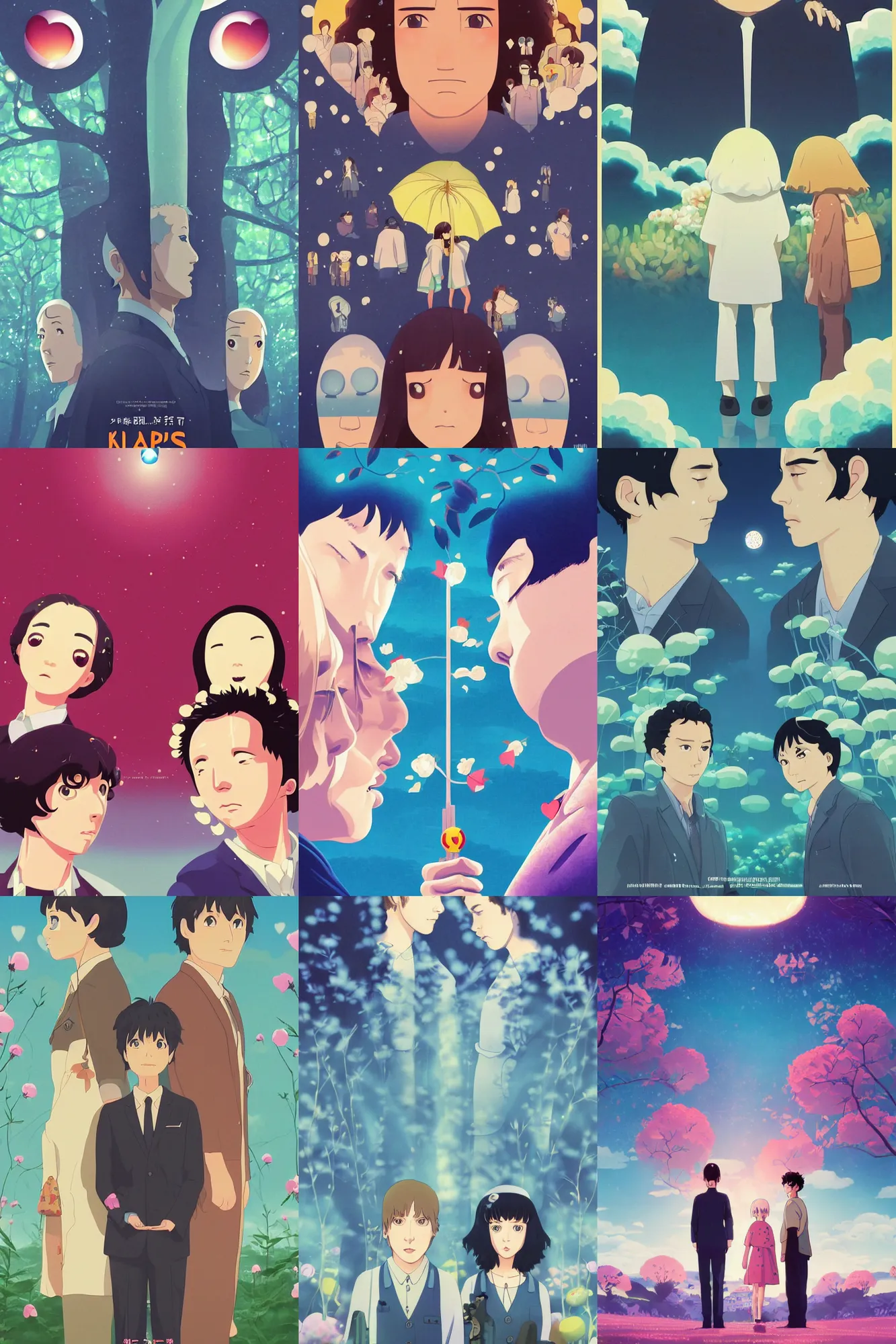 Prompt: a tv show about a tv show solving epic mysteries, Klaus Movie Twins poster, artwork by Chiho Aoshima, a Rendering illustration of a cinematic beautiful closeup moment of three friends standing facing toward their love, full of details, full view, Matte painting, trending on artstation, Mamoru hosoda