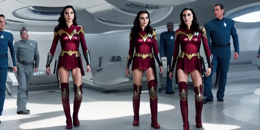 Image similar to gal gadot, in full starfleet uniform, is the captain of the starship enterprise in the new star trek movie