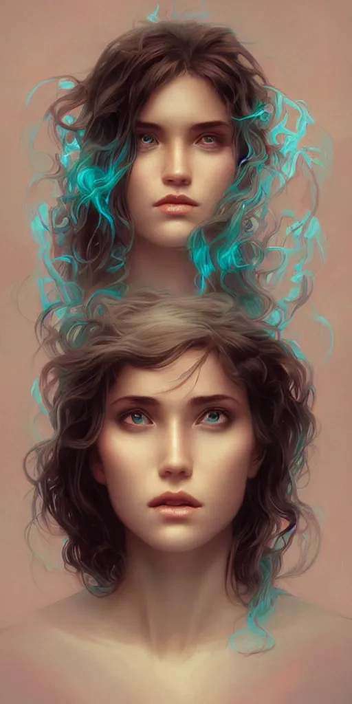 Image similar to haunting beautiful young woman, detailed photo realistic gorgeous face turning waves, dark, ominous, sad eyes, glowing hue of teal, vaporwave aesthetic, synthwave , digital painting, artstation, concept art, smooth, sharp focus, illustration, art by artgerm and greg rutkowski and alphonse mucha