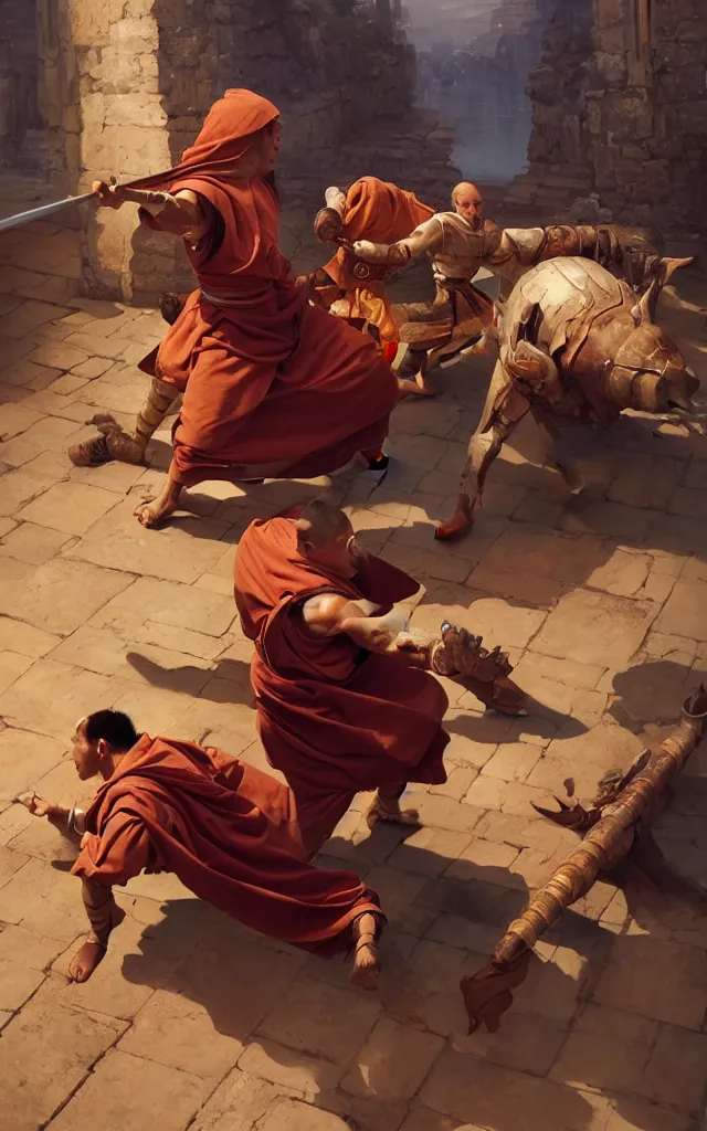 Prompt: A monk punching a knight in a brawl, extremely detailed oil painting, unreal 5 render, rhads, Bruce Pennington, Studio Ghibli, tim hildebrandt, digital art, octane render, beautiful composition, trending on artstation, award-winning photograph, masterpiece