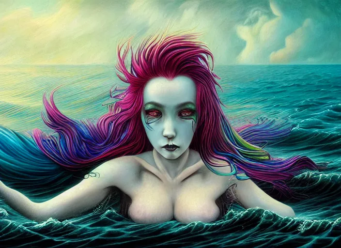 Image similar to realistic detailed image of a mermaid with rainbow hair swimming in an angry, stormy sea, anime art, anime, inspired by Mark Ryden and Zdzislaw Beksinski and Zdzislaw Beksinski, gothic, rich deep colors. A masterpiece.