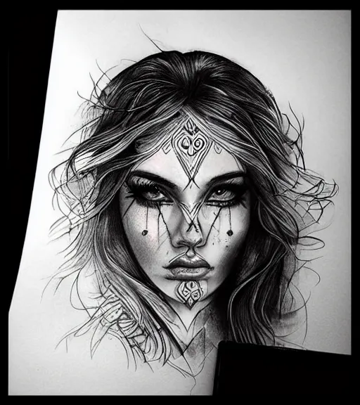 Image similar to amazing blend effect of beautiful mountain scenery with a beautiful woman face, tattoo design sketch, hyper - realistic, in the style of matteo pasqualin, amazing detail, black and white, abstract