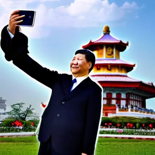 Image similar to president xi jinping taking a selfie at rizal park, realistic, shot on an iphone