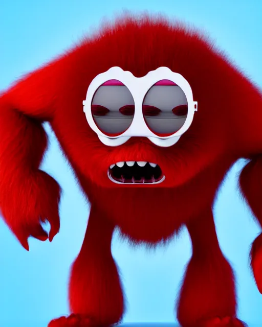 Image similar to 3 d render of completely red hairy friendly antropomorphic simple creature wearing chrome shades, without nose, full body, in the style of pixar, white background, unreal engine 5, octane render, highly detailed hdr