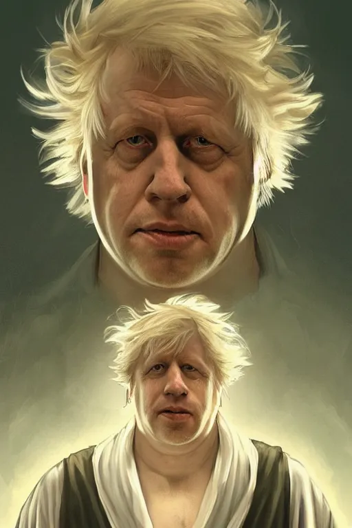 Image similar to Boris Johnson as Rick Sanchez, one eyebrow, white robe, big eyes, 2d portrait, symmetrical, highly detailed, digital painting, artstation, concept art, smooth, sharp focus, illustration, cinematic lighting, art by artgerm and greg rutkowski and alphonse mucha