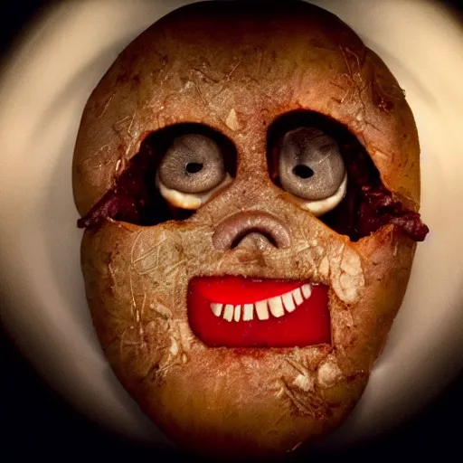 Image similar to evil loaded baked potato face, haunted villain, cinematic, realistic photo, unsettling