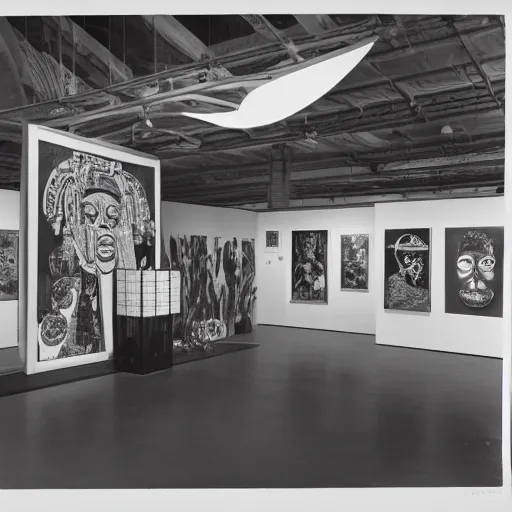 Image similar to A black and white photography of an exhibition space with works of Sun Ra, Marcel Duchamp and tropical plants, 60s, offset lithography print